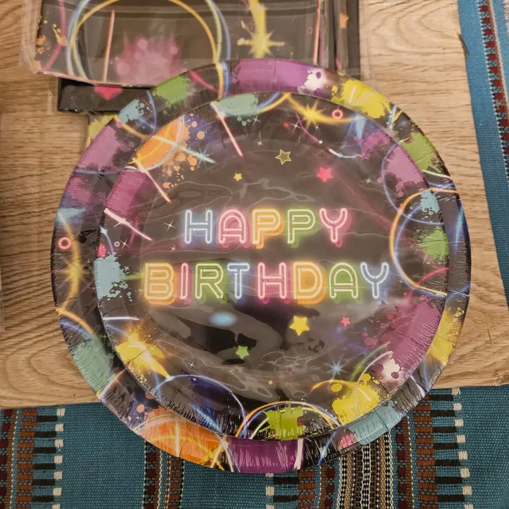 NEW Birthday Wishes Party Box 24 Large & Small Plates Cups Cutlery 2 Table Cover